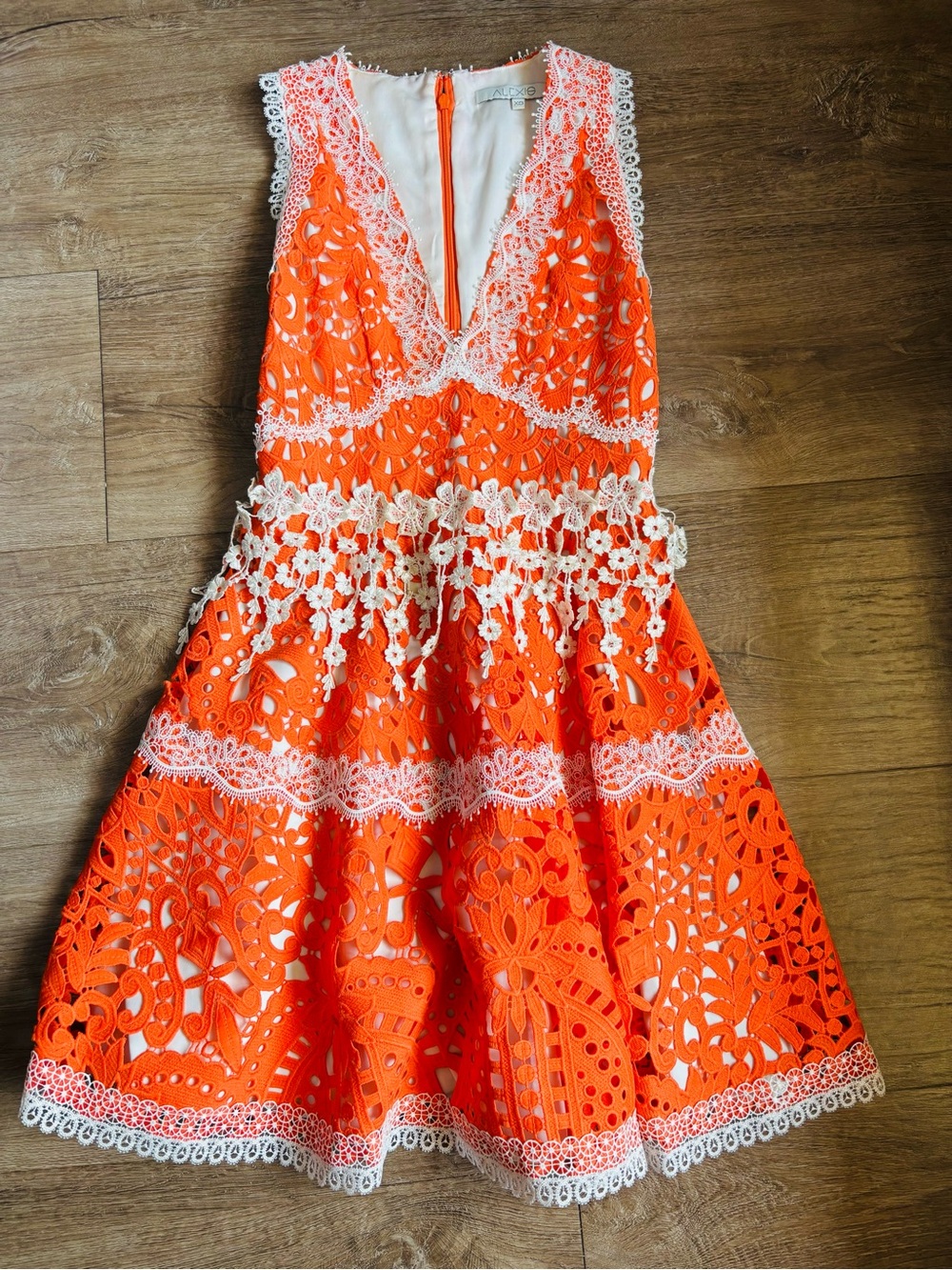 Alexis Orange Lace Mini Dress with White Trim - Picture 3 of 5